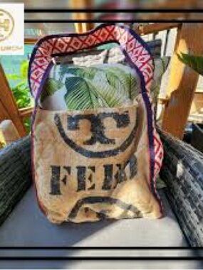 Tory Burch Burlap Tote with Red and Navy Woven Strap